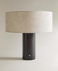 LARGE WOOD AND LINEN CORDLESS TABLE LAMP
