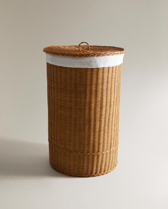 RATTAN AND COTTON LAUNDRY BASKET