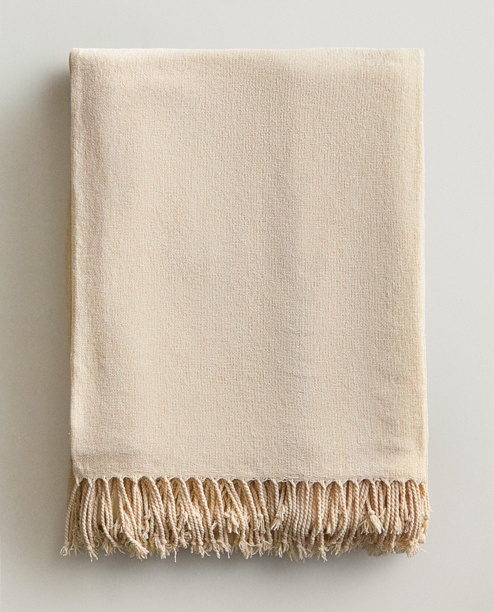 ZARA  フリンジ 付き ブランケット ホワイト ブラウン ザラホーム シェニール ブランケット | Zara Home 日本/Japan