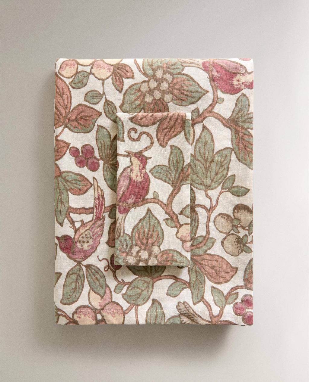 FLORAL AND BIRD PRINT COTTON TABLECLOTH