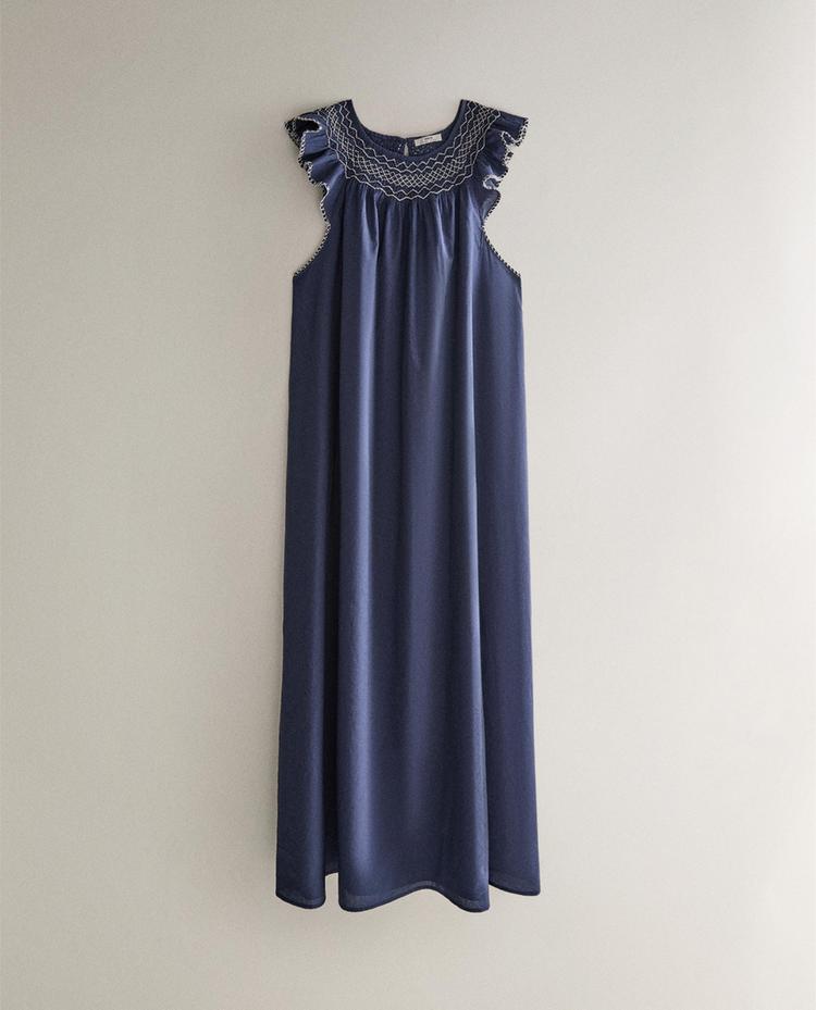 GATHERED DRESS WITH EMBROIDERY