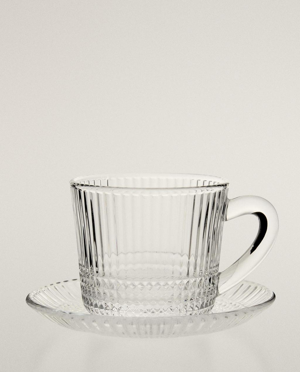 TASSE À CAFÉ AVEC SOUCOUPE EN VERRE À RELIEF GÉOMÉTRIQUE