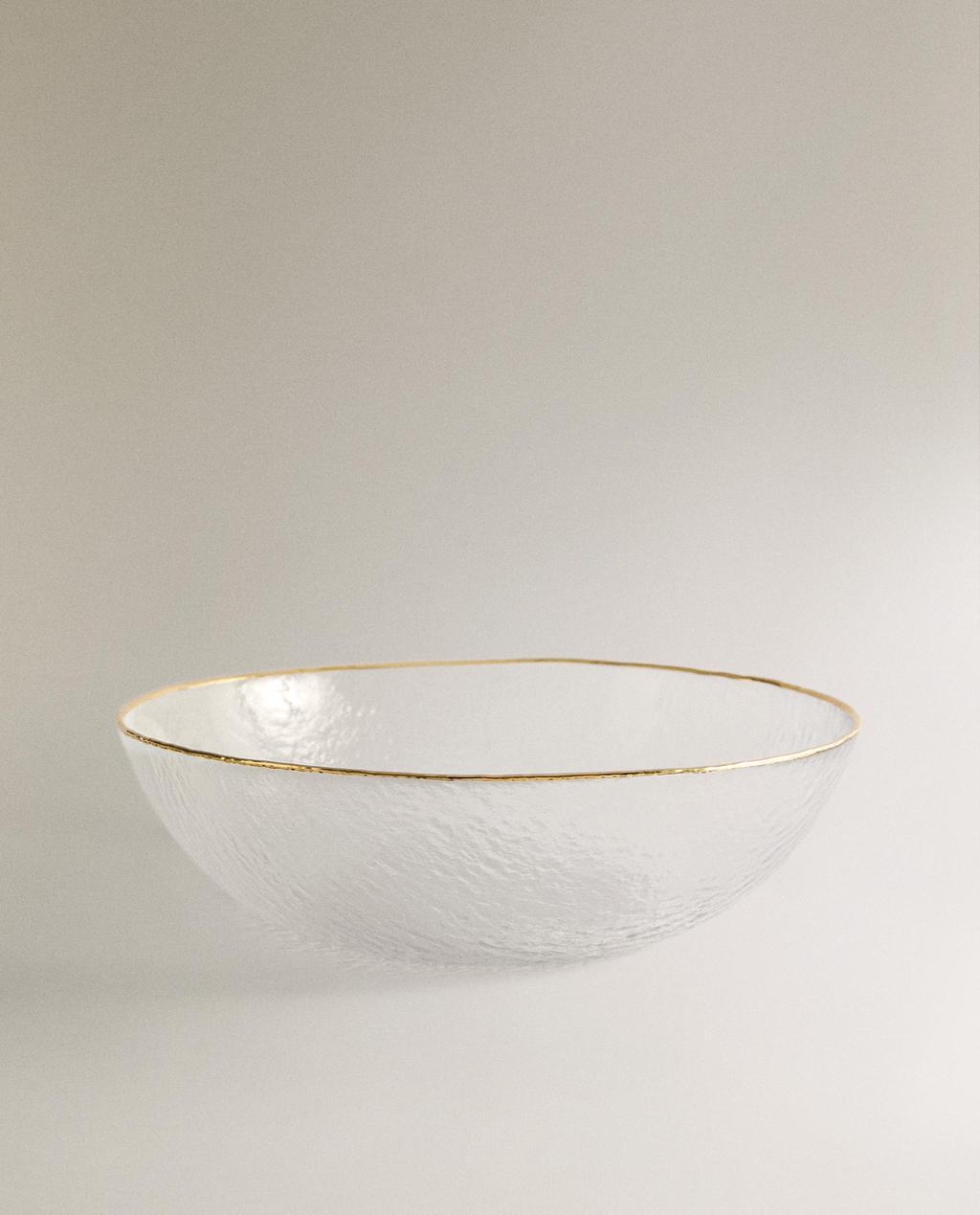 RAISED GLASS SALAD BOWL WITH GOLD RIM