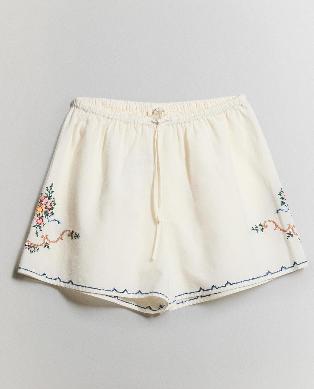 BESTICKTE BAUMWOLL-LEINEN-SHORTS