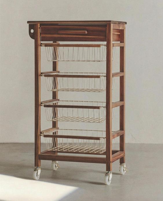 HOUTEN EN METALEN OPBERGMEUBEL MET WIELEN