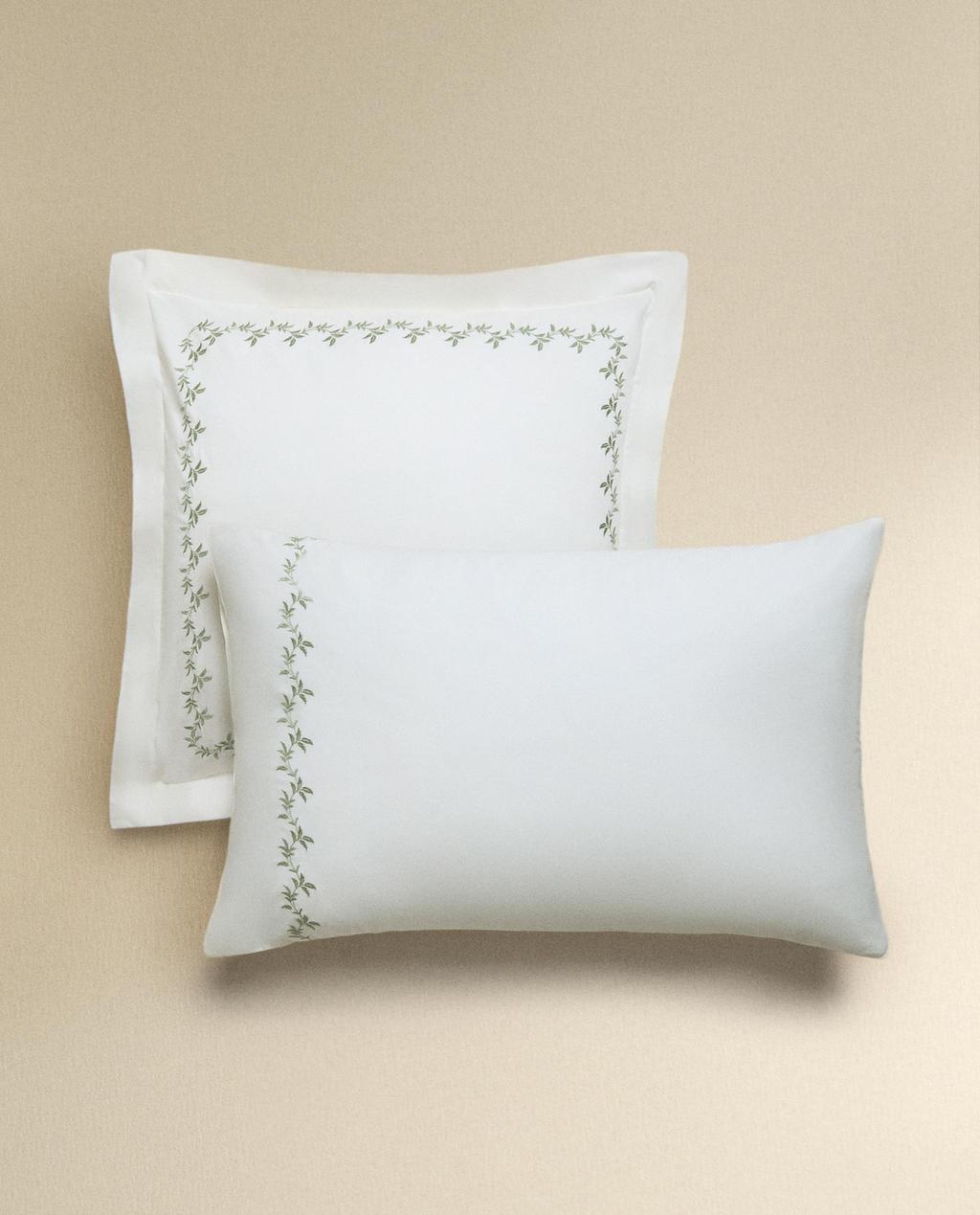 SATEEN PILLOWCASE WITH EMBROIDERED LEAVES