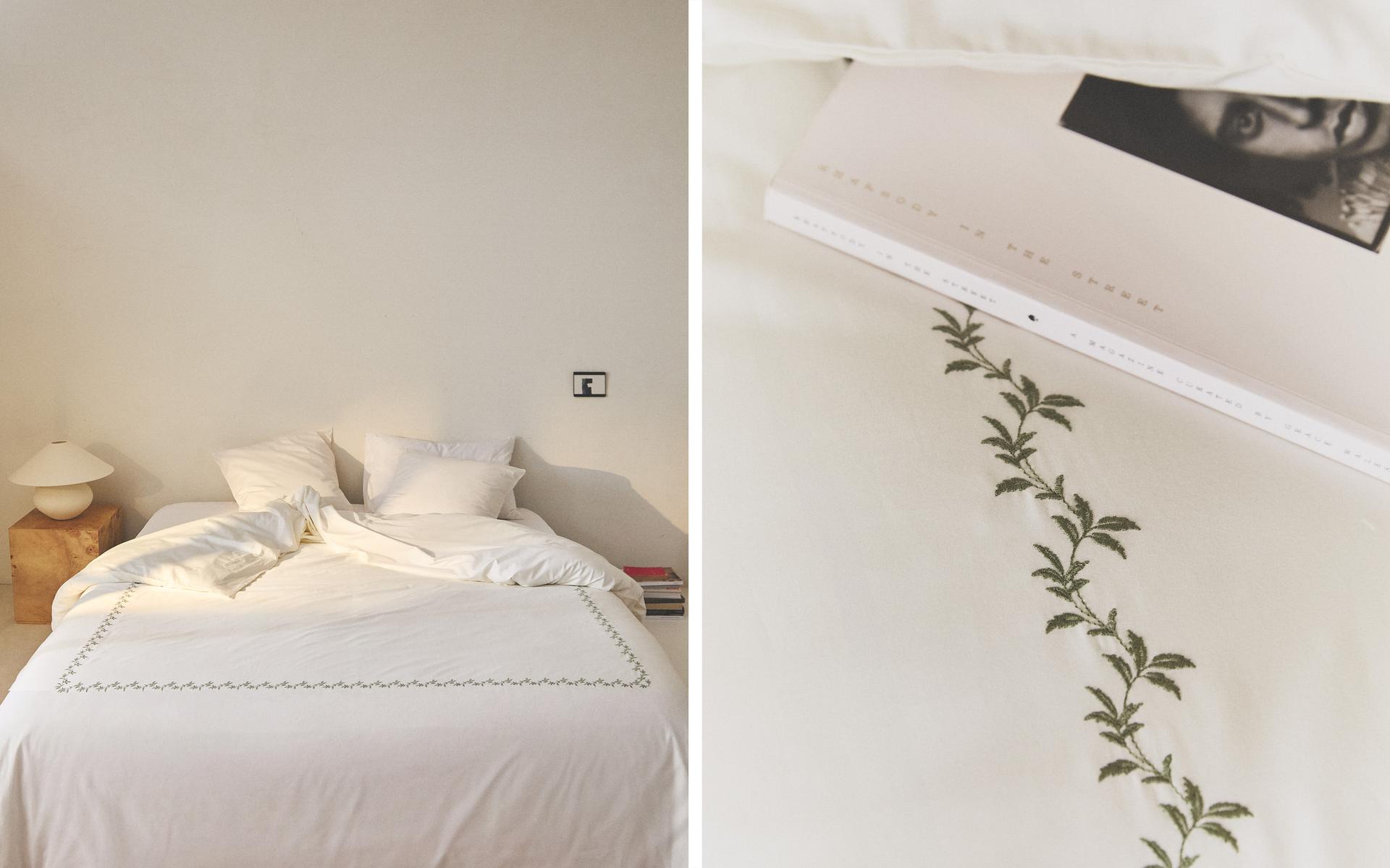 SATEEN DUVET COVER WITH EMBROIDERED LEAVES