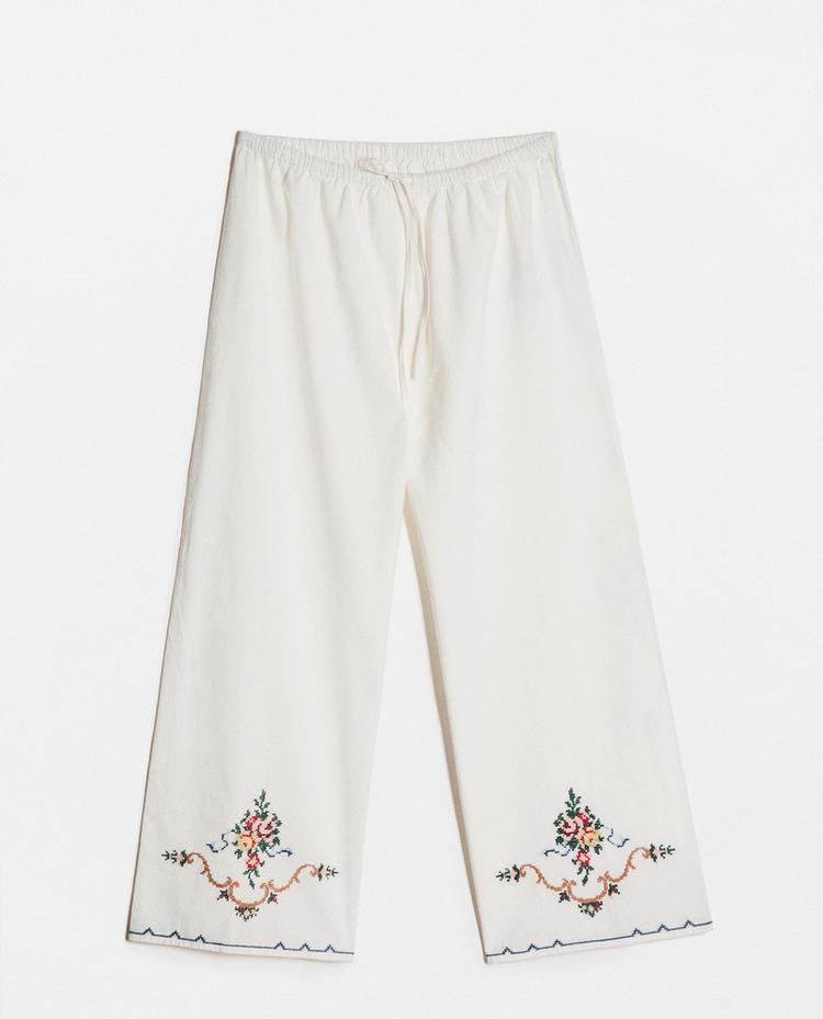 EMBROIDERED COTTON AND LINEN TROUSERS