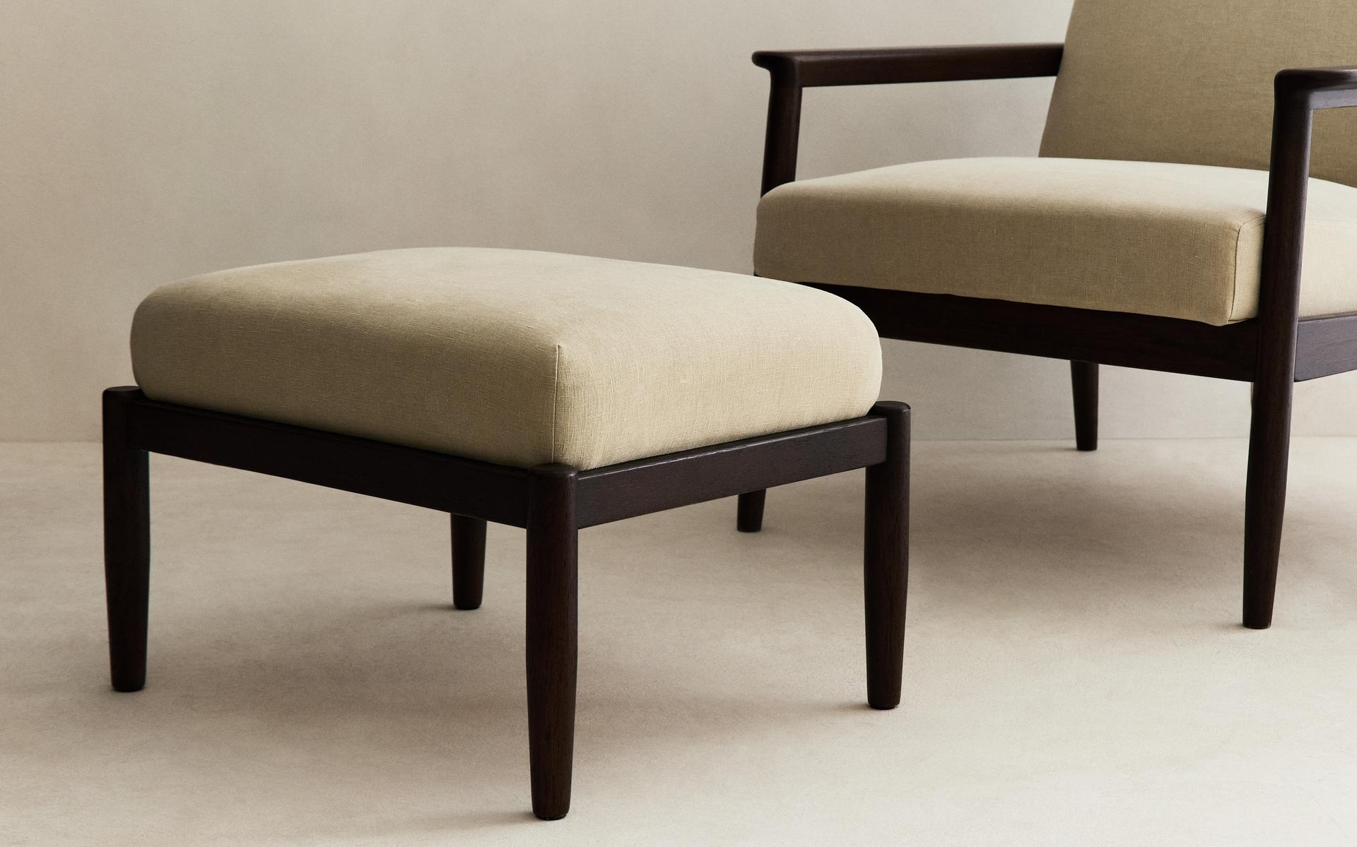 WOOD AND LINEN FOOTREST STOOL