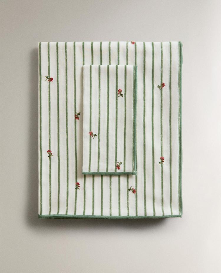 STRIPED TABLECLOTH WITH FLORAL EMBROIDERY