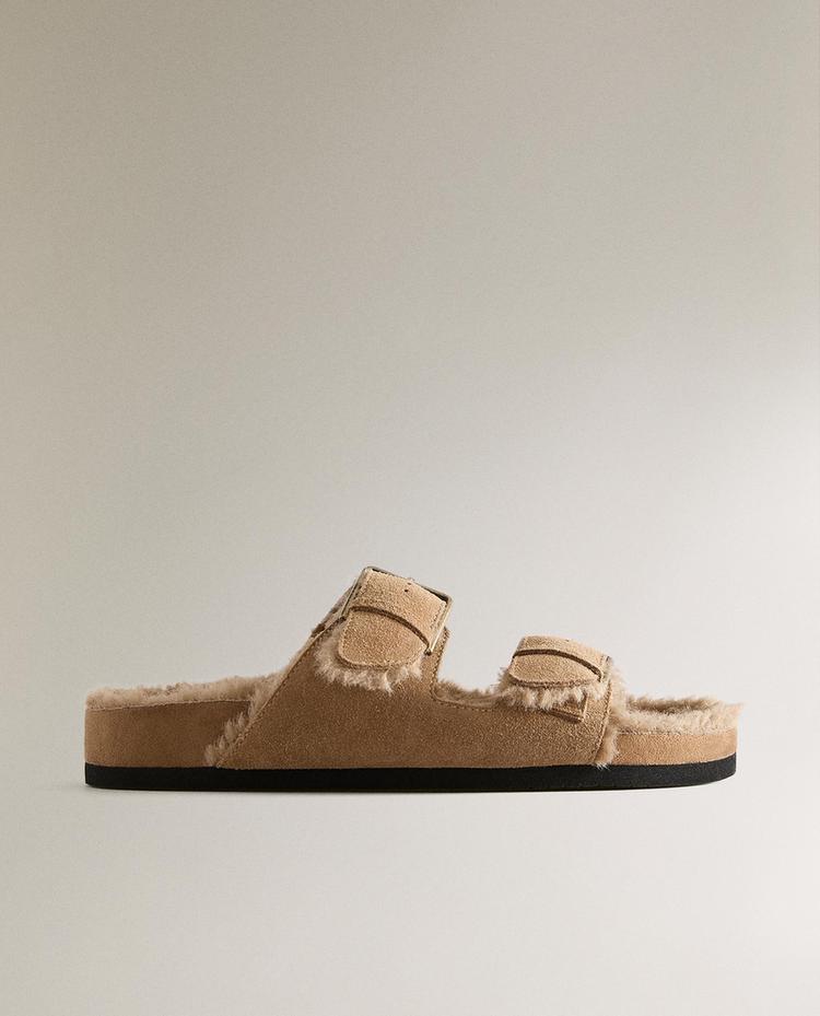 WARM SPLIT LEATHER DOUBLE-BUCKLE SANDALS