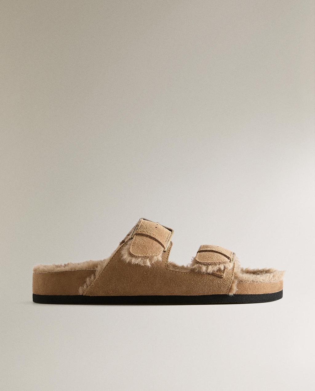 SANDALES CHAUDES EN CROÛTE DE CUIR À DOUBLE BOUCLE
