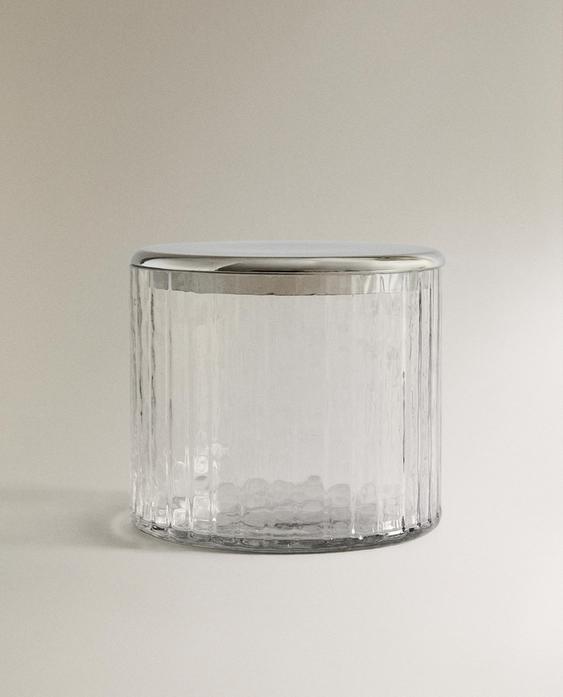 RAISED GLASS AND METAL BATHROOM JAR
