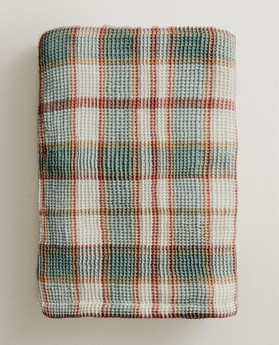 CHECK WAFFLE KNIT COTTON BLANKET