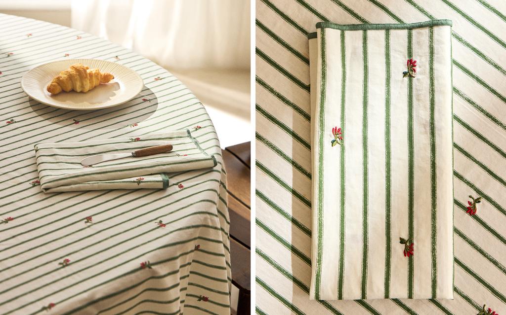 STRIPED TABLECLOTH WITH FLORAL EMBROIDERY