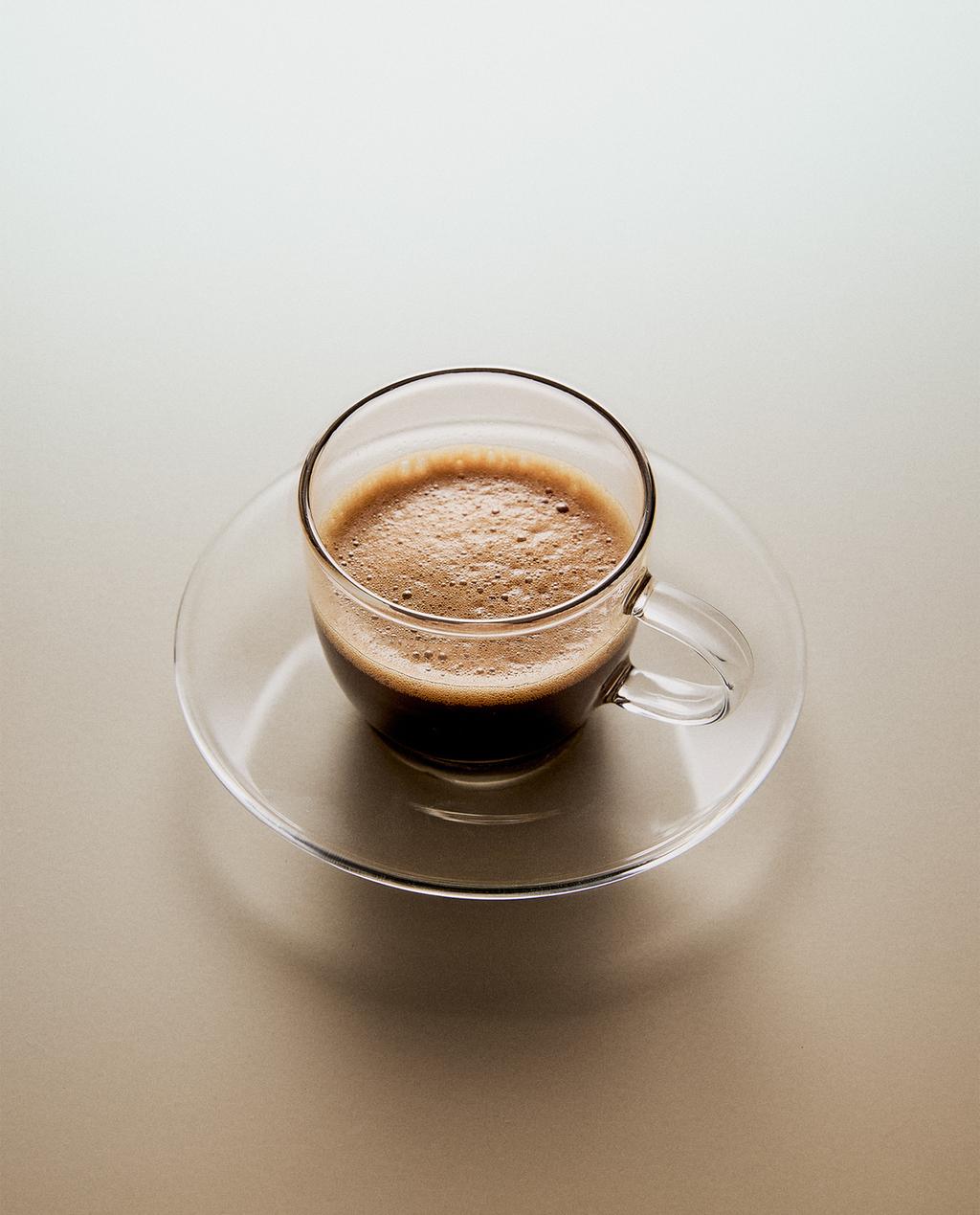 BOROSILICATE GLASS TEACUP AND SAUCER WITH SILVER RIM