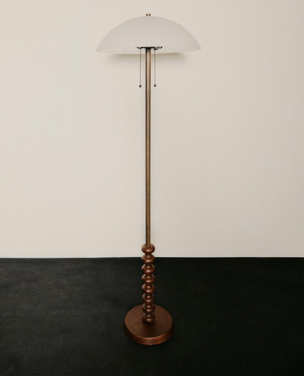 GLASS AND WOOD FLOOR LAMP