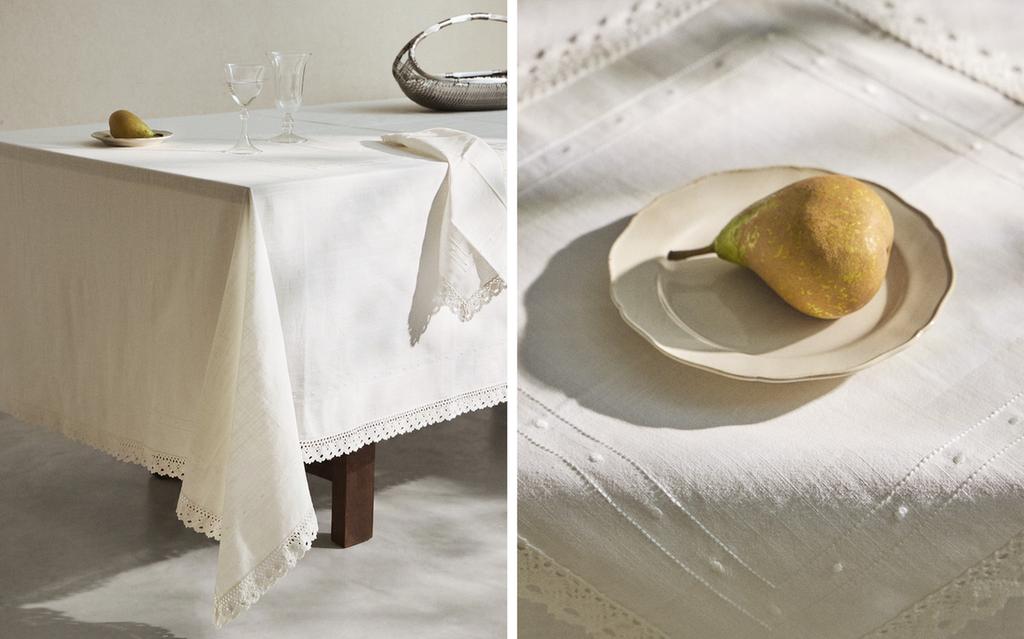 EMBROIDERED COTTON TABLECLOTH WITH LACE TRIM