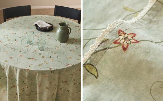 MANTEL REDONDO PRINT FLORAL Y PUNTILLA