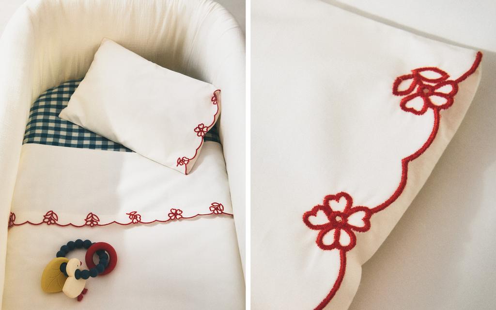 COT PILLOWCASE AND FLAT SHEET SET WITH EMBROIDERED FLOWERS