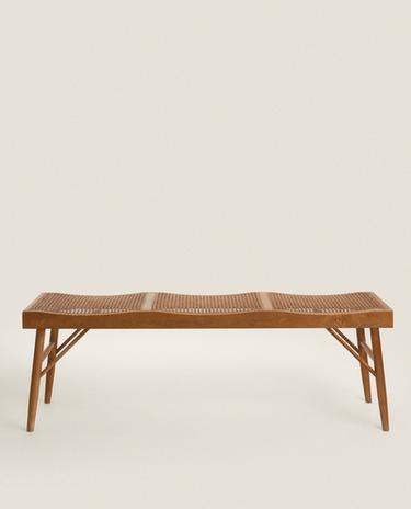 WOOD AND RATTAN BENCH