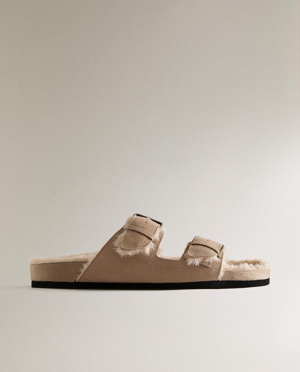 SANDALES CHAUDES EN CROÛTE DE CUIR À DOUBLE BOUCLE
