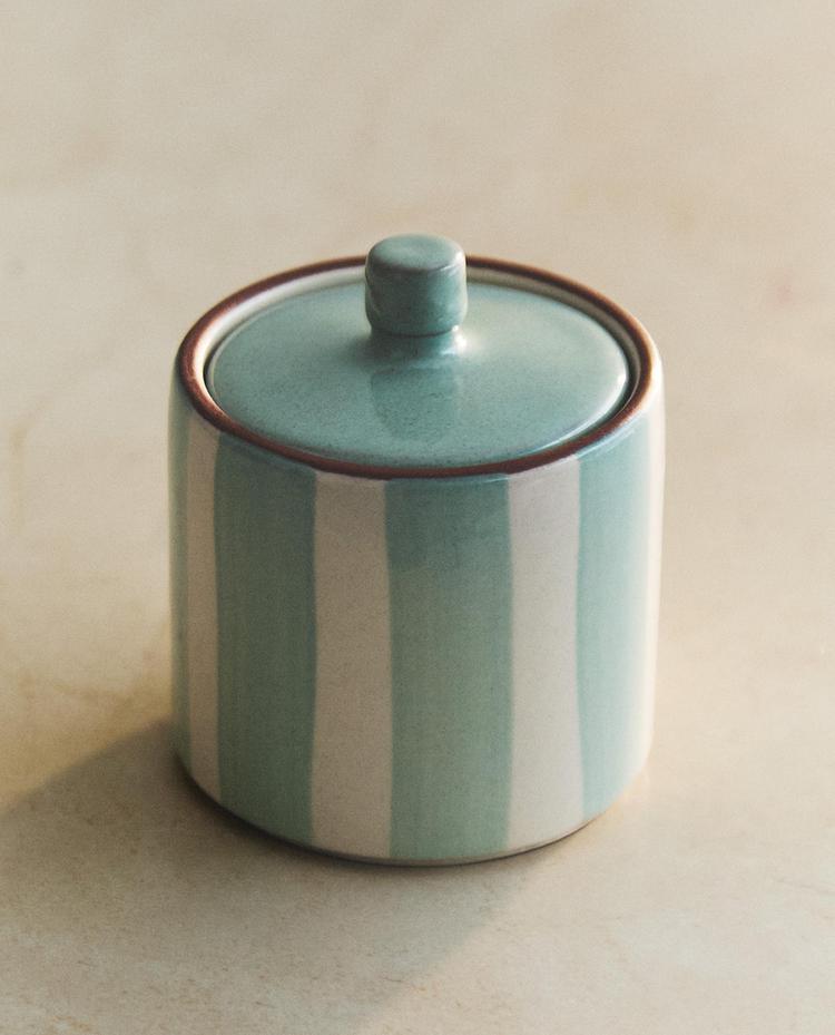 STRIPED CERAMIC BATHROOM ORGANISER JAR