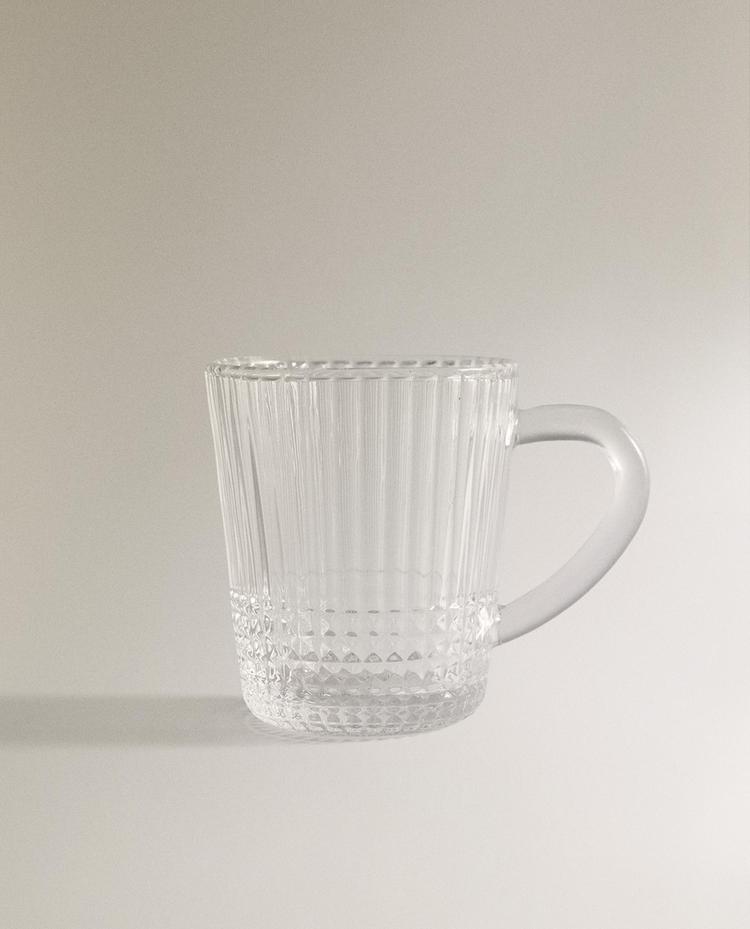 GLASS MUG WITH RAISED GEOMETRIC DESIGN
