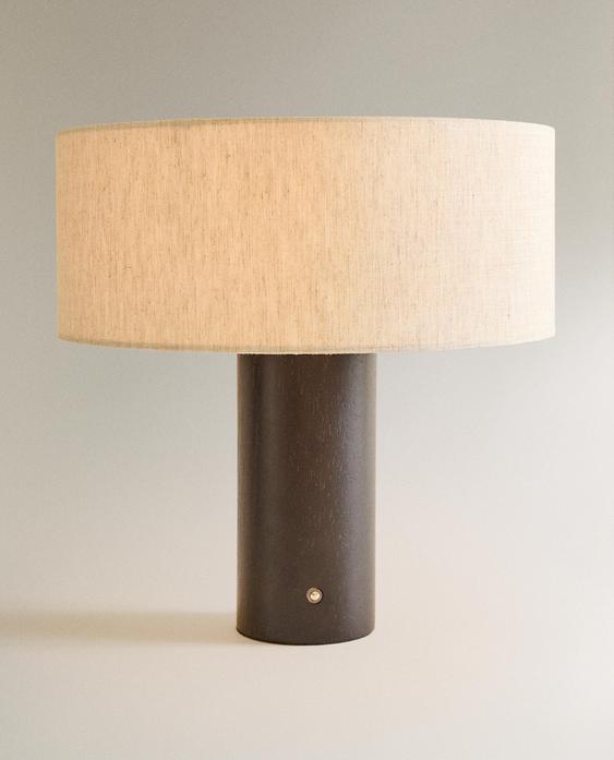 LARGE LINEN AND WOOD CORDLESS TABLE LAMP