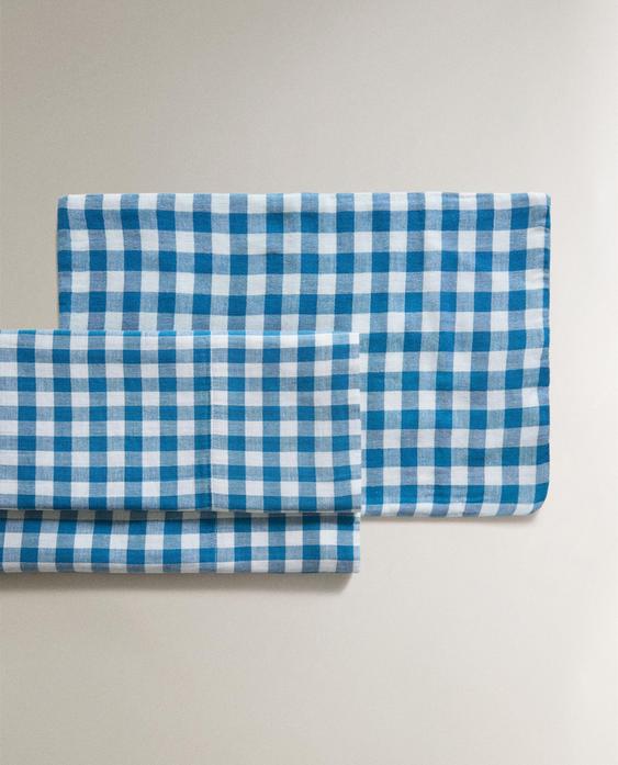 CHECK COT PILLOWCASE AND FLAT SHEET SET