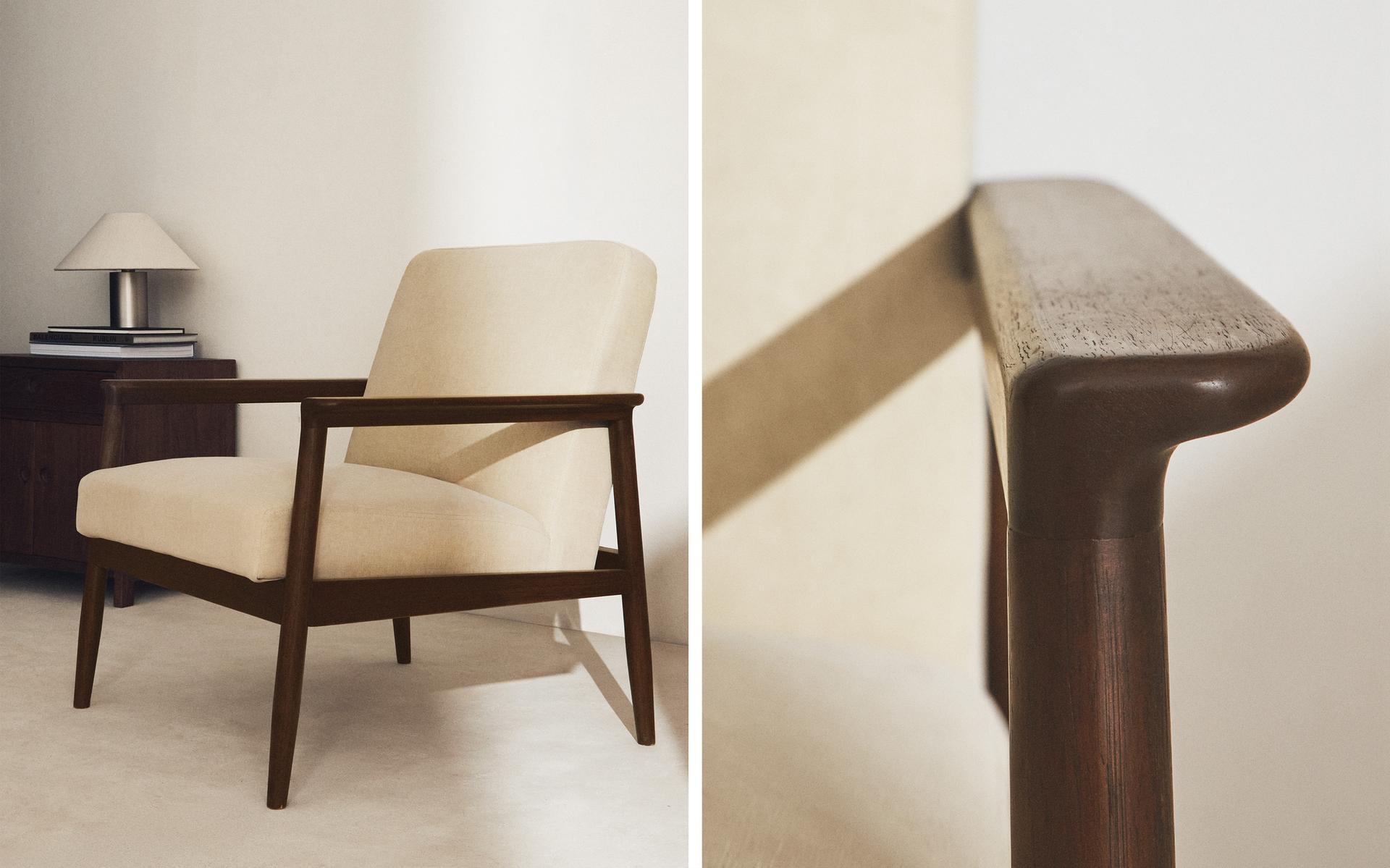 WOOD AND LINEN ACCENT CHAIR