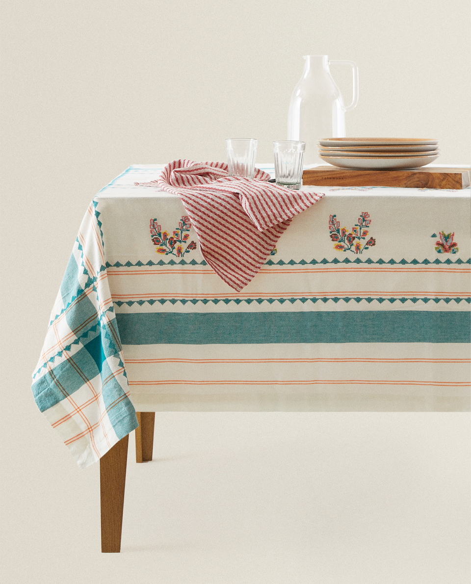 Check Tablecloth With Floral Embroidery Tablecloths Table Linen Dining Zara Home Indonesia