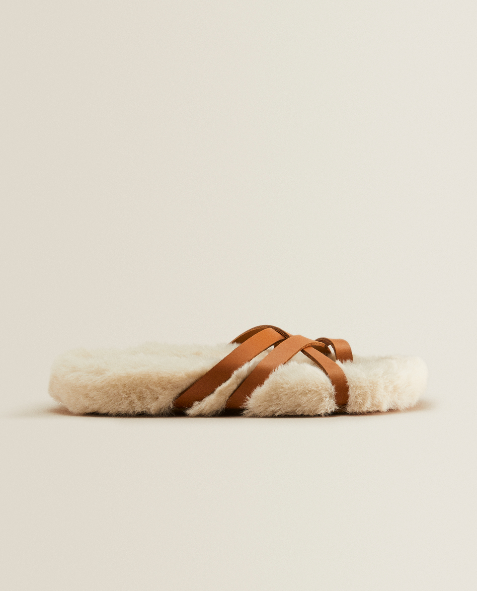 Combined faux fur sandal-style slippers