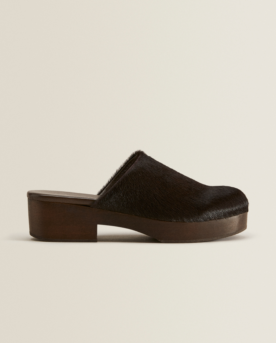 Leather and wood mule clog slippers