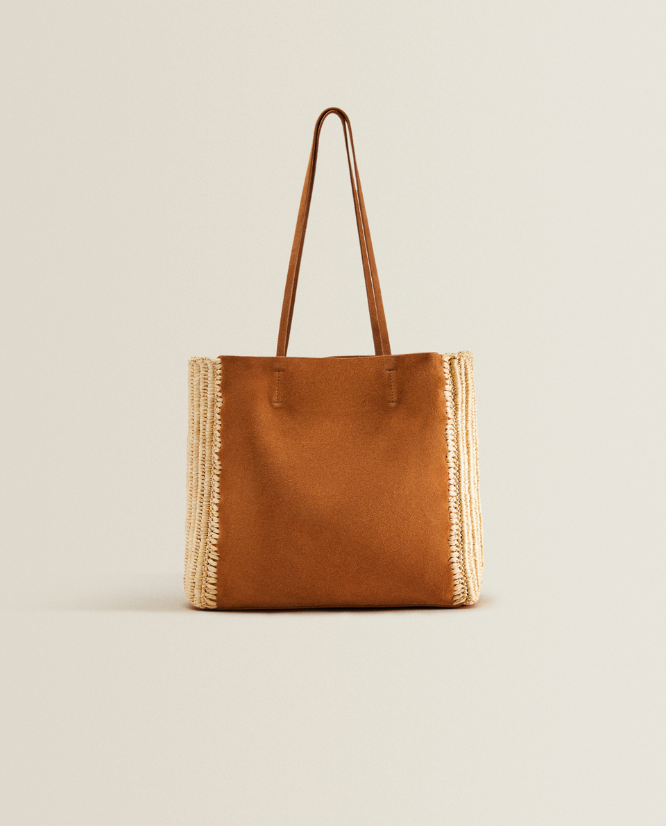 Leather tote bag with raffia details