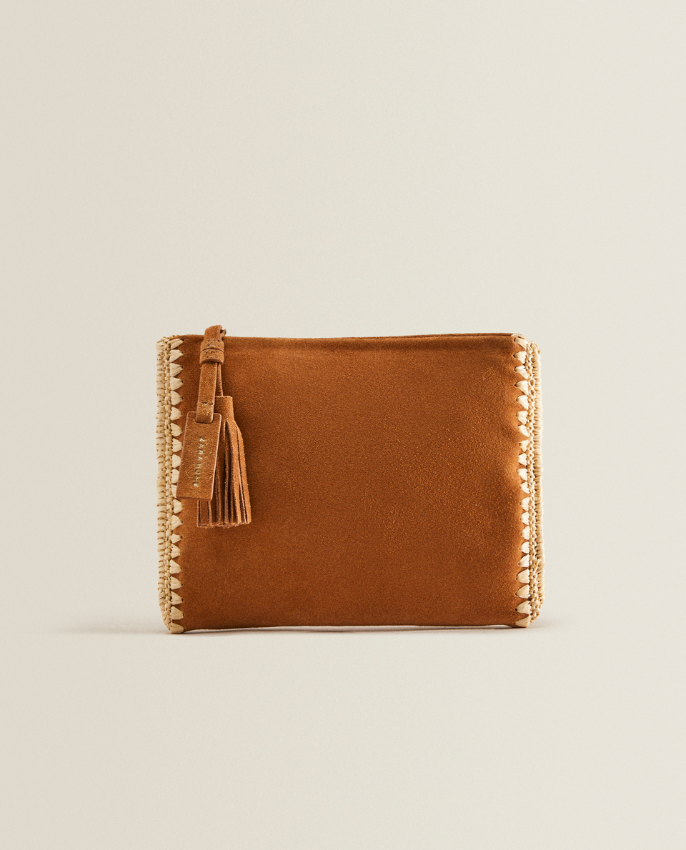 Leather clutch with raffia detail