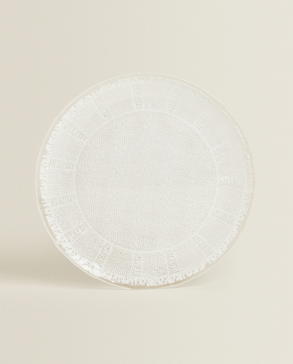 GLASS SERVICE PLATE WITH BLONDE LACE RAISED EFFECT