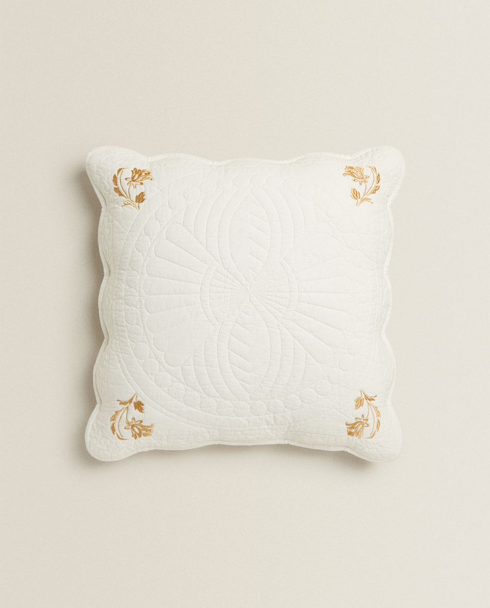 CUSHION COVER WITH RAISED DETAIL AND FLORAL EMBROIDERY
