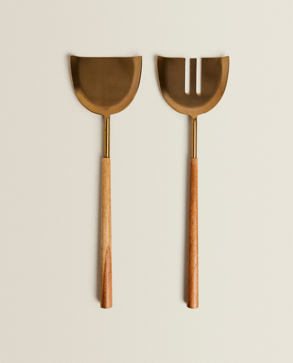 طقم أدوات تقديم الطعام مع مقابض بمظهر خشبي (طقم من قطعتين)