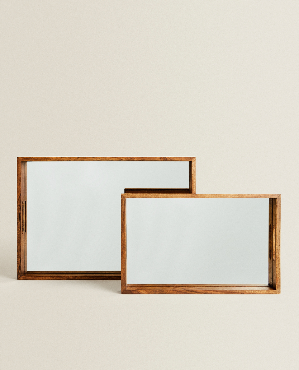 WOOD AND MIRROR TRAY