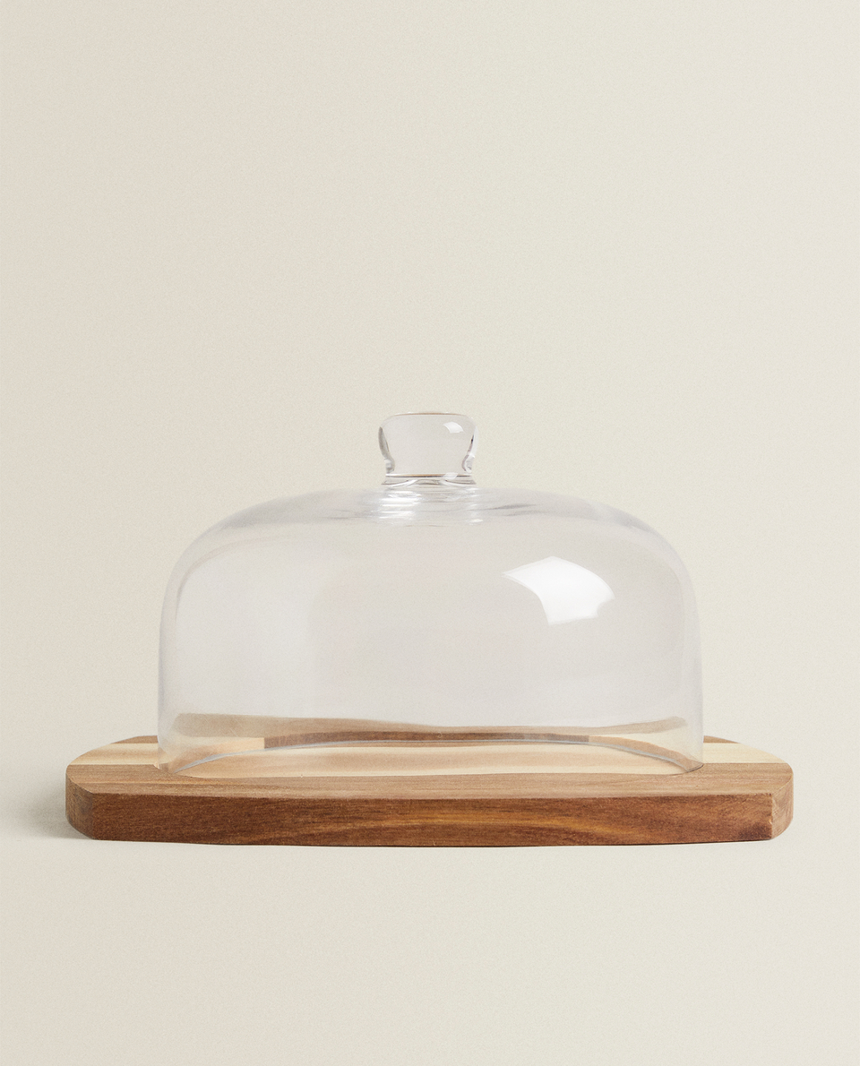 GLASS AND WOOD CHEESE SERVING DISH