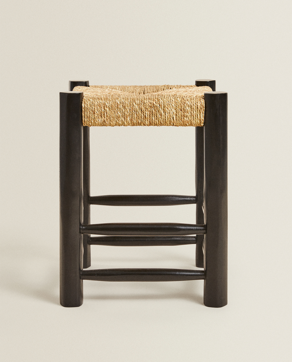 WOODEN AND WOVEN JUTE STOOL