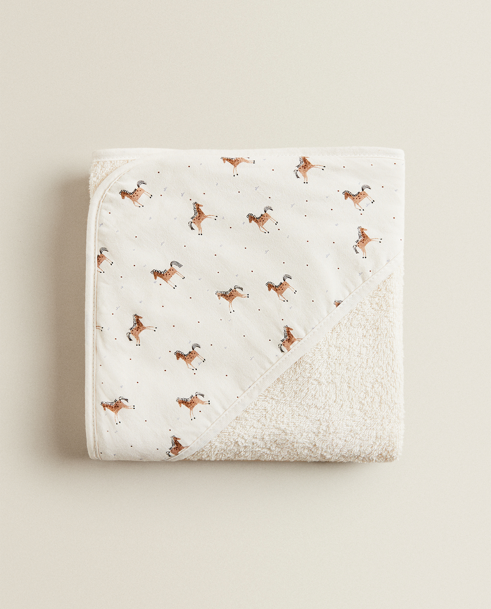 BABY’S COTTON HOODED TOWEL WITH HORSES