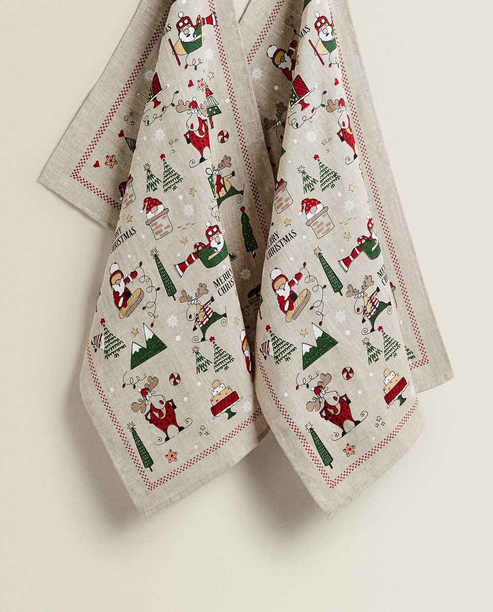 FATHER CHRISTMAS LINEN TEA TOWEL (PACK OF 2)