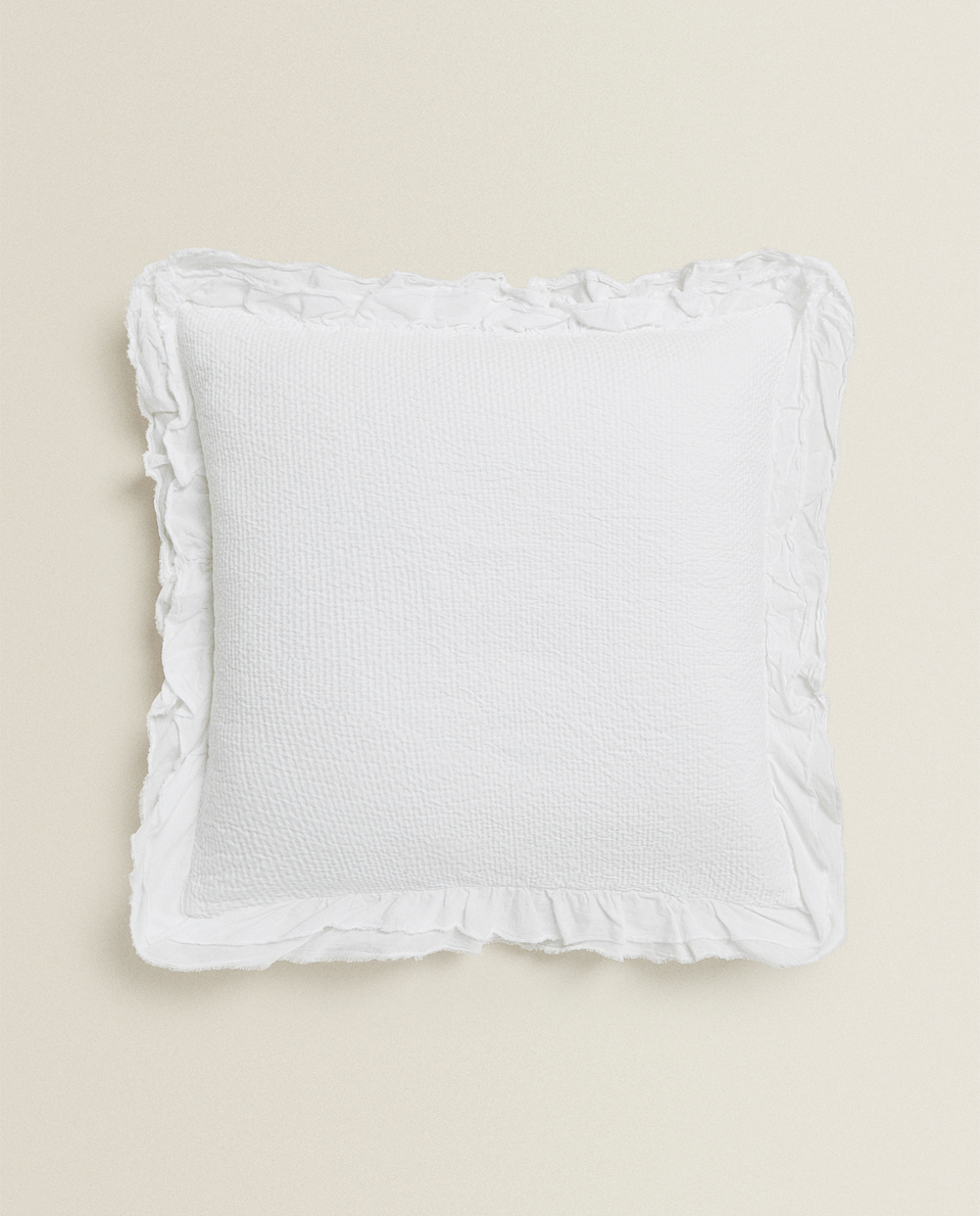 COTTON CUSHION COVER WITH DOUBLE RUFFLE TRIM