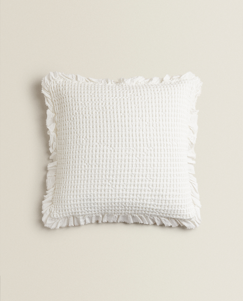 WAFFLE-TEXTURE THROW PILLOW COVER WITH RUFFLE TRIM