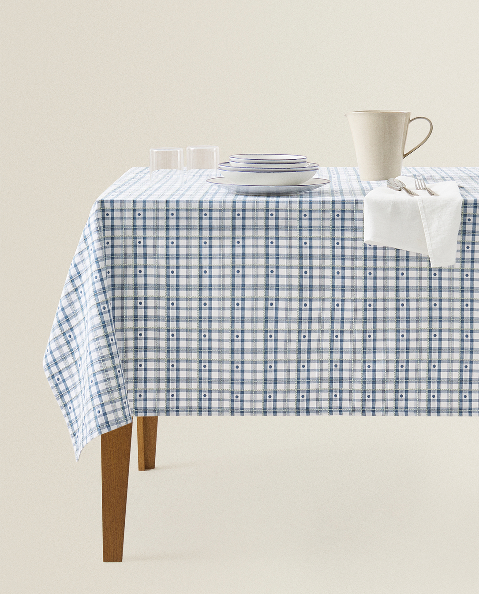 EMBROIDERED BLUE CHECK TABLECLOTH