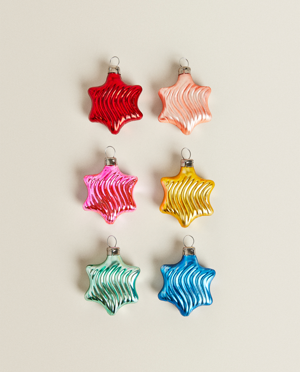 PACK OF 6 MULTICOLOURED STAR DECORATIONS