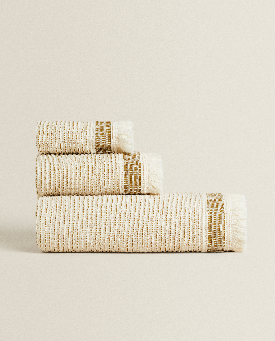 STRIPED WAFFLE TEXTURE TOWEL WITH FRINGING