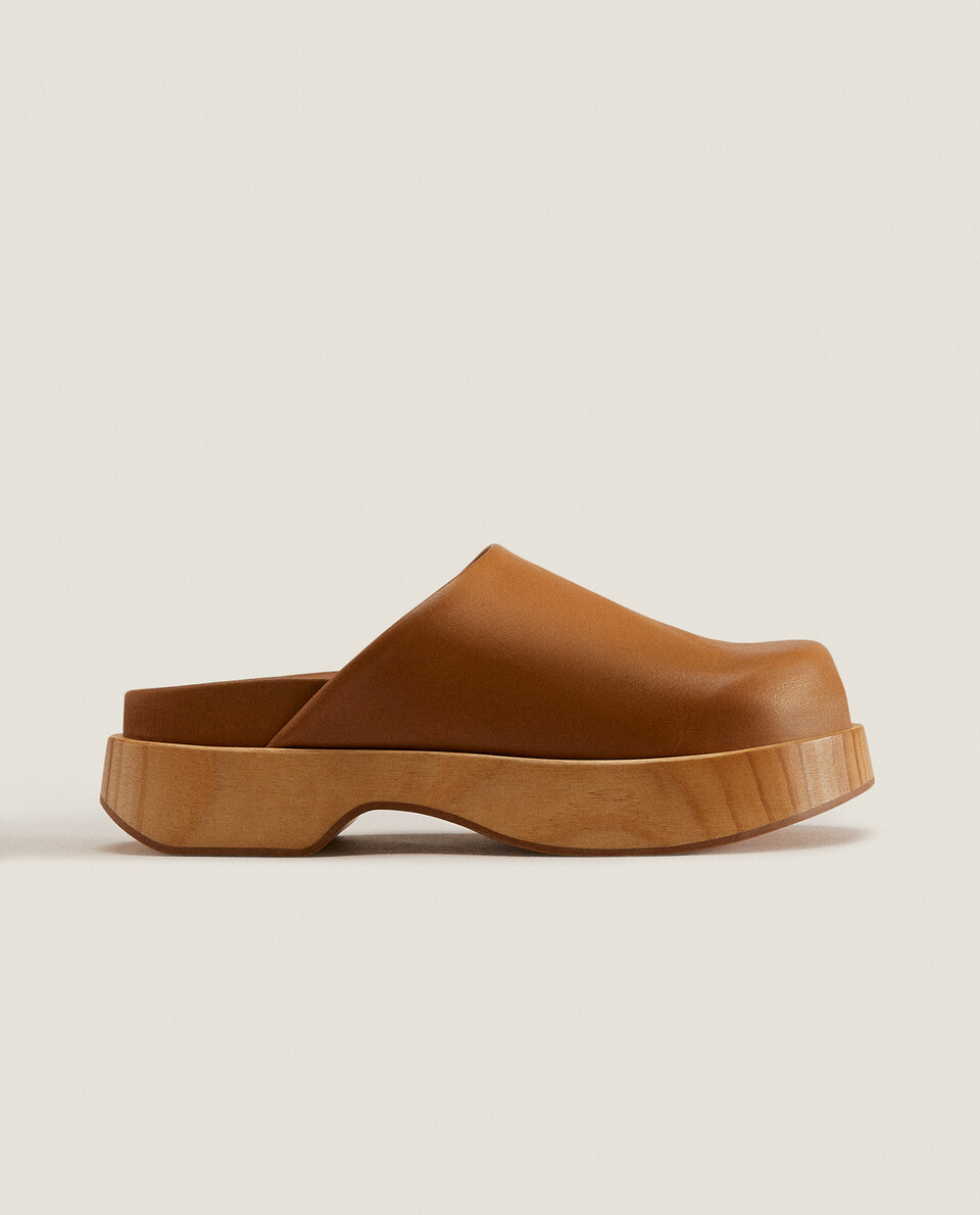 Leather and wood mule clog slippers